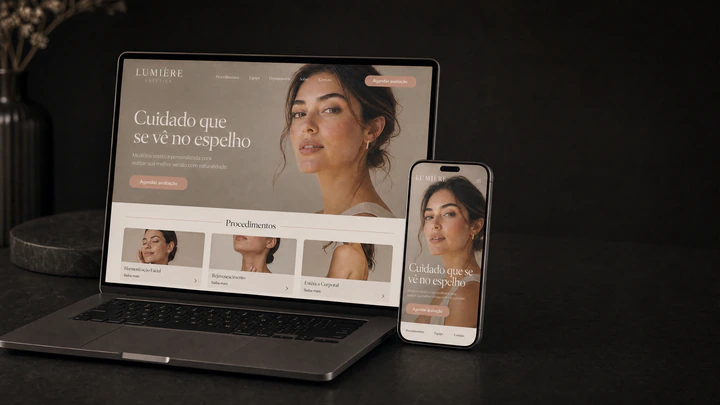 Notebook e celular sobre uma mesa escura exibindo o site de uma clínica de estética: retrato editorial de uma mulher, título em serifa e um botão de agendar avaliação, com uma fileira de procedimentos abaixo.