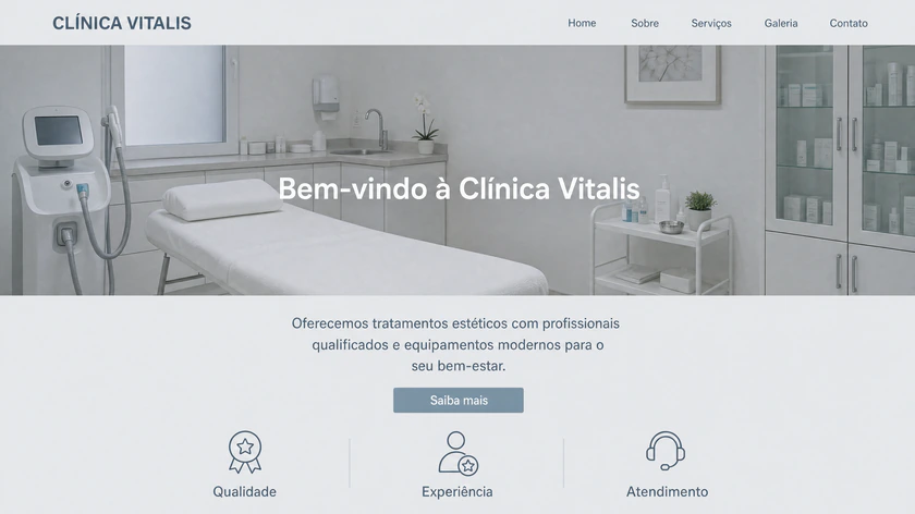 Tela do site antigo de uma clínica: nome sem personalidade no topo, foto de sala vazia mal iluminada, texto centralizado genérico e um botão apagado.